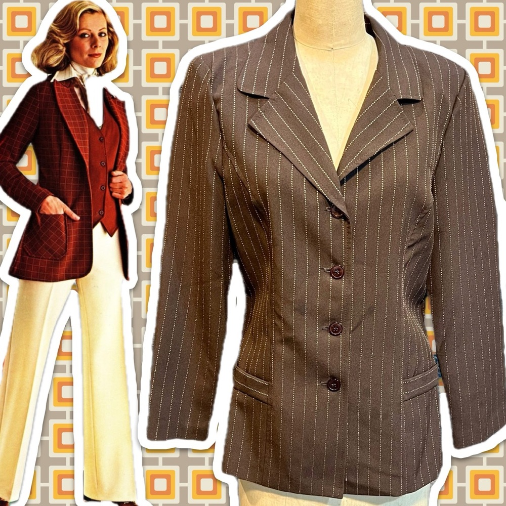 VINTAGE 70s pinstripe blazer‎ jacket suit coat lightweight polyester business